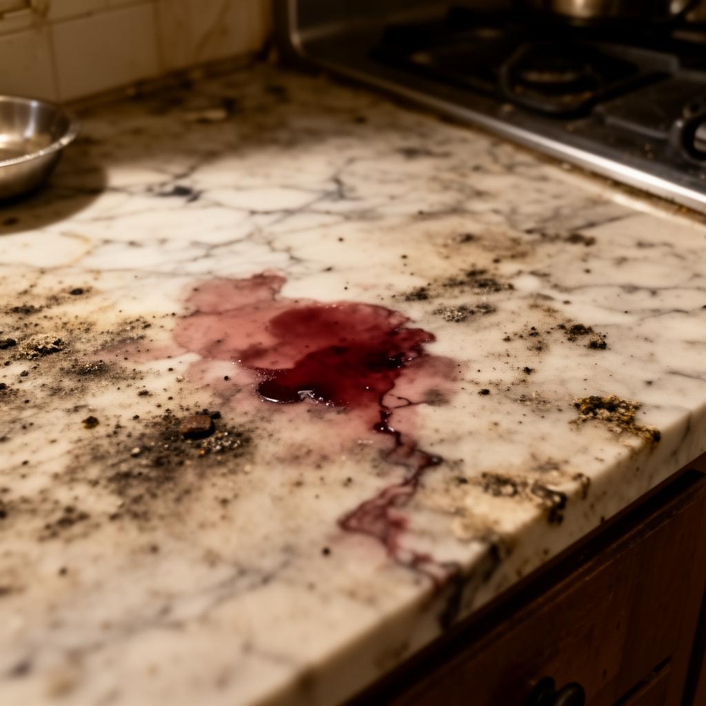 Before: dusty marble countertop with stains