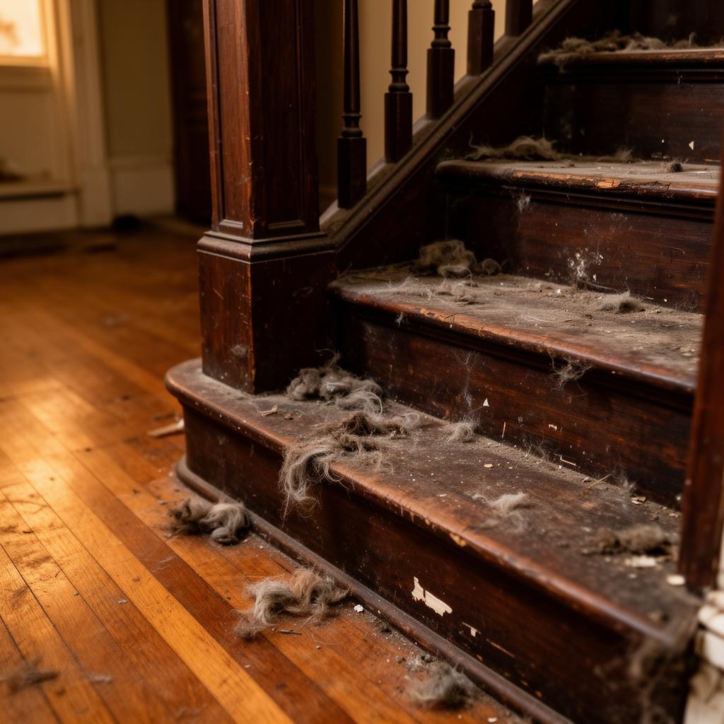 Before: neglected dark wood staircase with dust